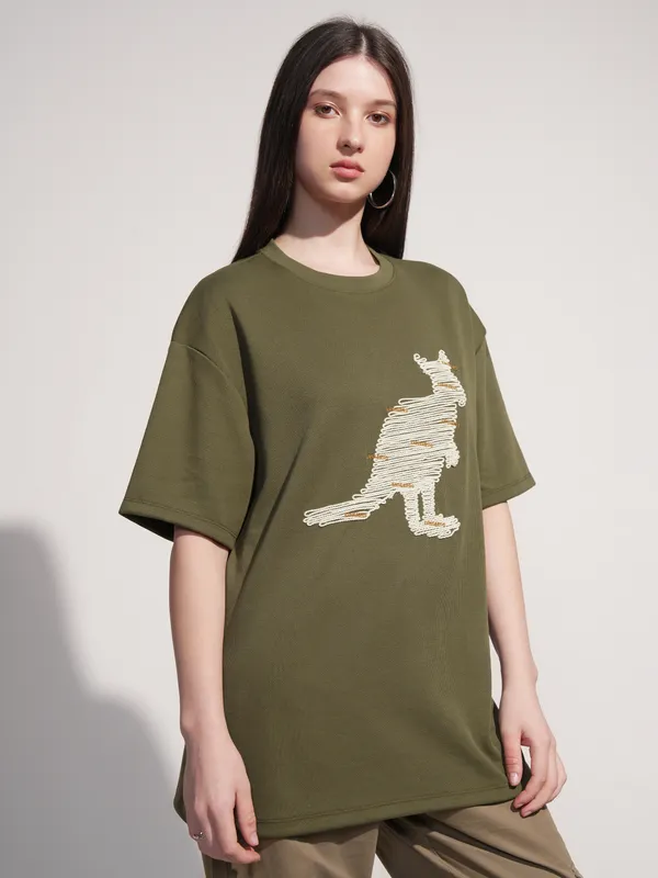 Tokyo Talkies Women Olive Applique Round Neck Oversized Fit T-Shirt