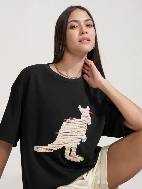 Tokyo Talkies Women Black Applique Round Neck Oversized Fit T-Shirt