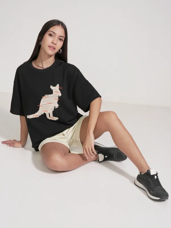 Tokyo Talkies Women Black Applique Round Neck Oversized Fit T-Shirt