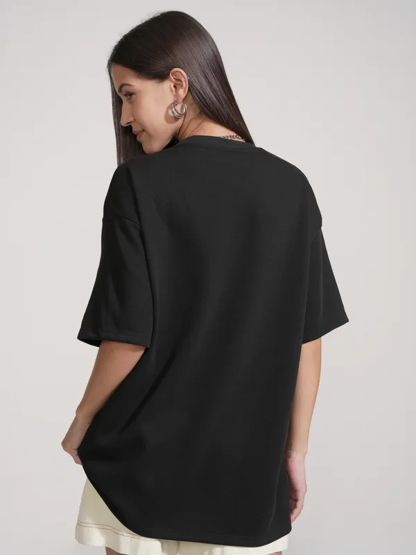 Tokyo Talkies Women Black Applique Round Neck Oversized Fit T-Shirt