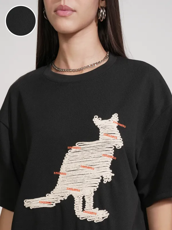 Tokyo Talkies Women Black Applique Round Neck Oversized Fit T-Shirt