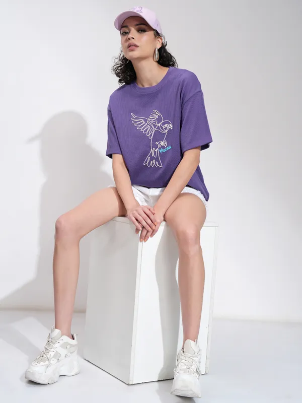 Tokyo Talkies Women Purple Self Design Oversized Fit T-Shirt