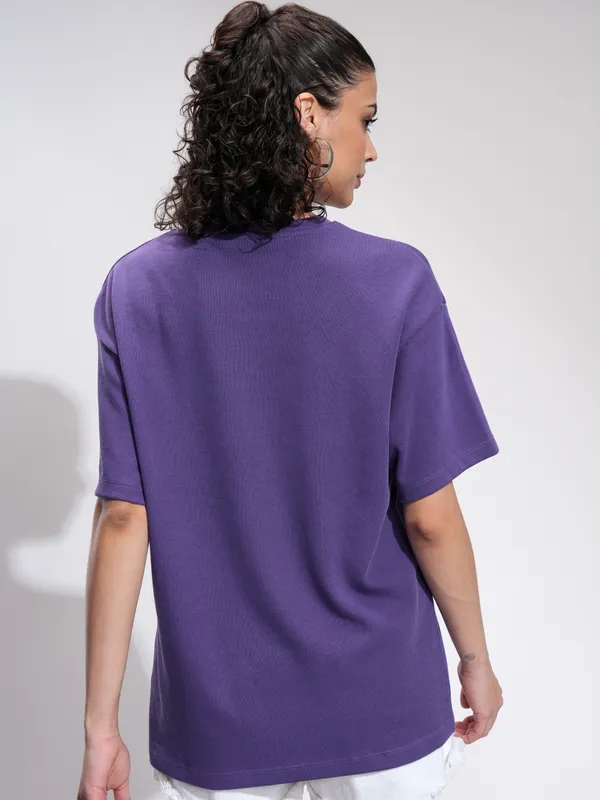 Tokyo Talkies Women Purple Self Design Oversized Fit T-Shirt
