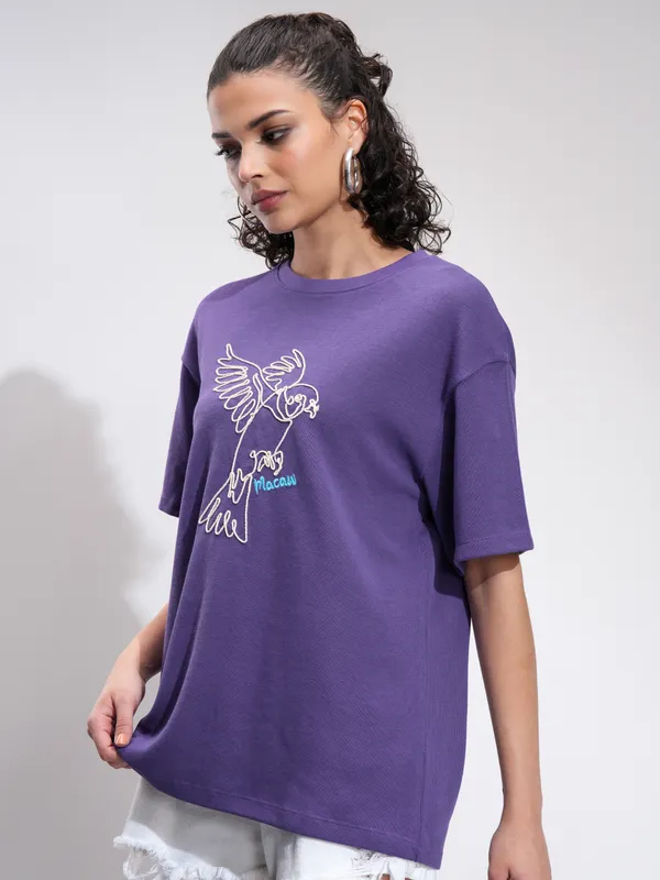 Tokyo Talkies Women Purple Self Design Oversized Fit T-Shirt