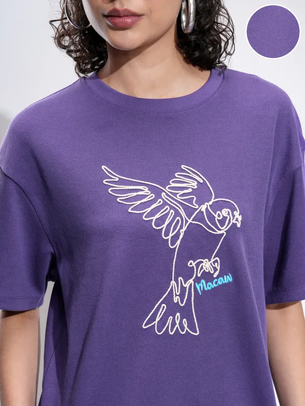 Tokyo Talkies Women Purple Self Design Oversized Fit T-Shirt