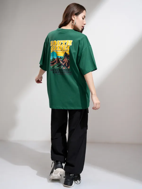 Tokyo Talkies Women Green Printed Oversized Fit T-Shirt