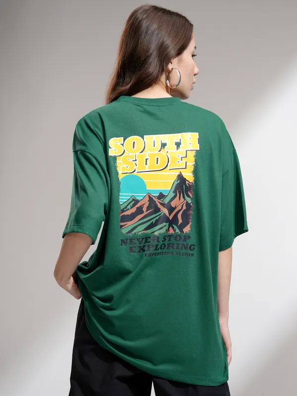 Tokyo Talkies Women Green Printed Oversized Fit T-Shirt