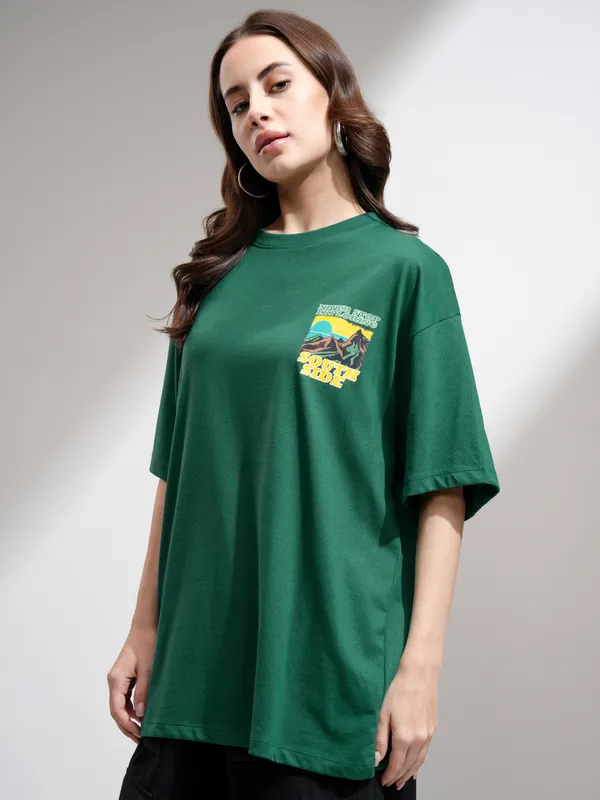 Tokyo Talkies Women Green Printed Oversized Fit T-Shirt