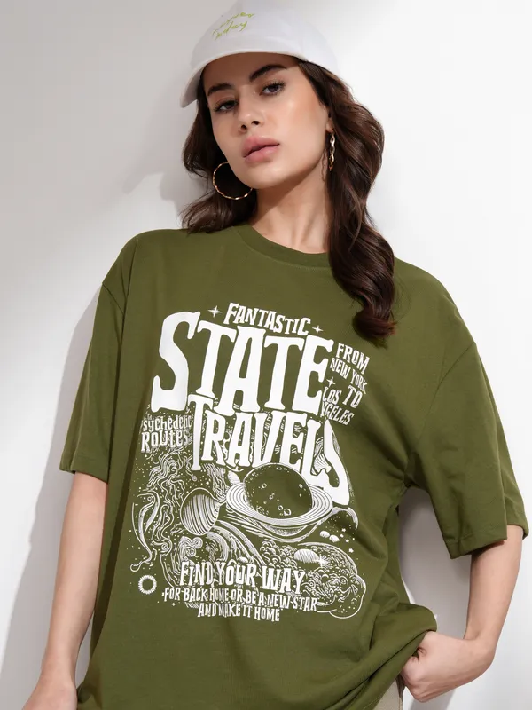 Tokyo Talkies Women Olive Printed Round Neck Oversized Fit T-Shirt