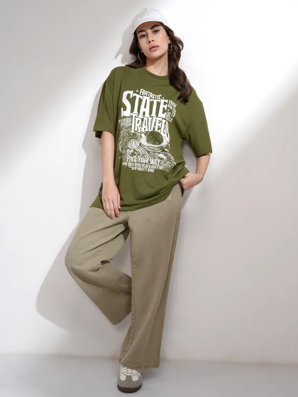 Tokyo Talkies Women Olive Printed Round Neck Oversized Fit T-Shirt