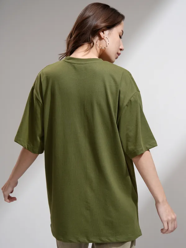 Tokyo Talkies Women Olive Printed Round Neck Oversized Fit T-Shirt