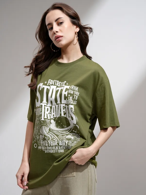 Tokyo Talkies Women Olive Printed Round Neck Oversized Fit T-Shirt