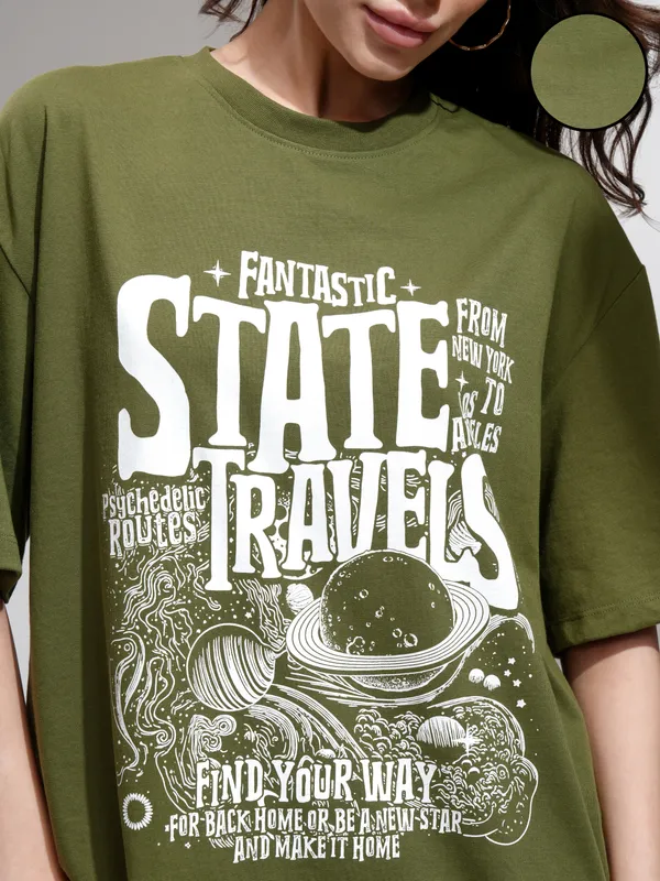 Tokyo Talkies Women Olive Printed Round Neck Oversized Fit T-Shirt