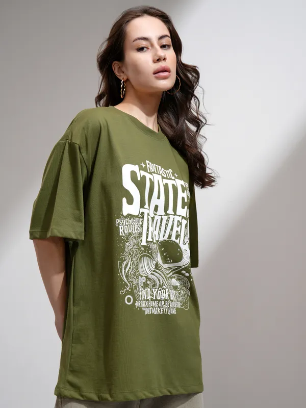 Tokyo Talkies Women Olive Printed Round Neck Oversized Fit T-Shirt