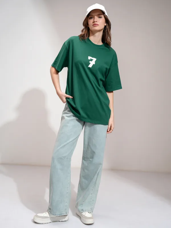 Tokyo Talkies Women Green Printed Round Neck Oversized Fit T-Shirt