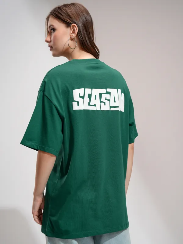Tokyo Talkies Women Green Printed Round Neck Oversized Fit T-Shirt