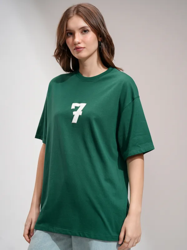 Tokyo Talkies Women Green Printed Round Neck Oversized Fit T-Shirt