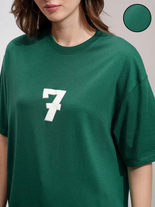 Tokyo Talkies Women Green Printed Round Neck Oversized Fit T-Shirt