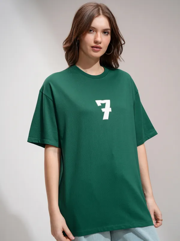 Tokyo Talkies Women Green Printed Round Neck Oversized Fit T-Shirt