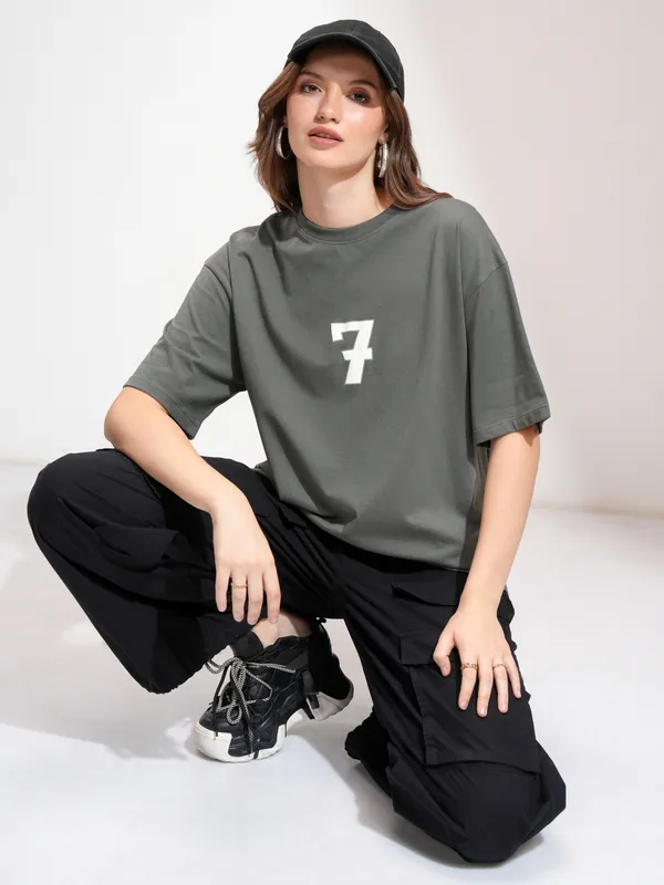 Tokyo Talkies Women Grey Printed Round Neck Oversized Fit T-Shirt