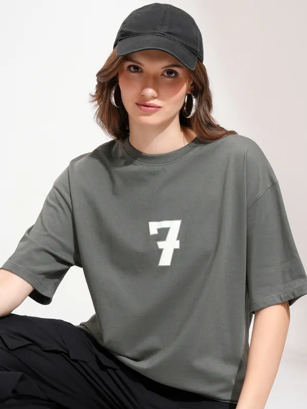 Tokyo Talkies Women Grey Printed Round Neck Oversized Fit T-Shirt