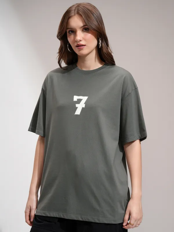 Tokyo Talkies Women Grey Printed Round Neck Oversized Fit T-Shirt