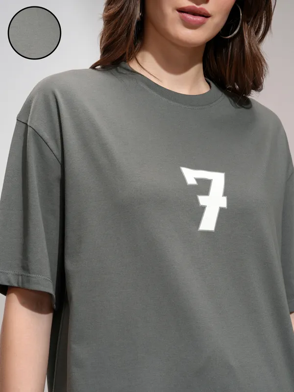 Tokyo Talkies Women Grey Printed Round Neck Oversized Fit T-Shirt