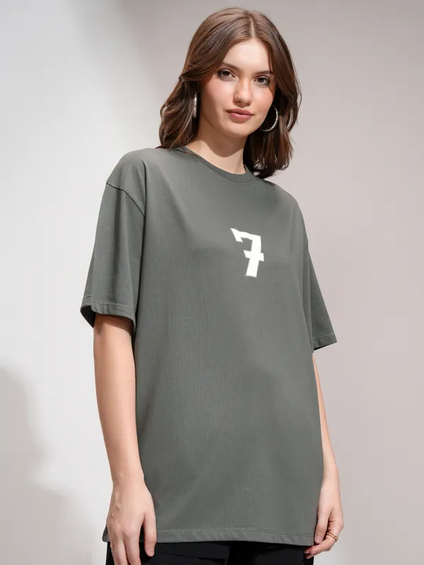 Tokyo Talkies Women Grey Printed Round Neck Oversized Fit T-Shirt