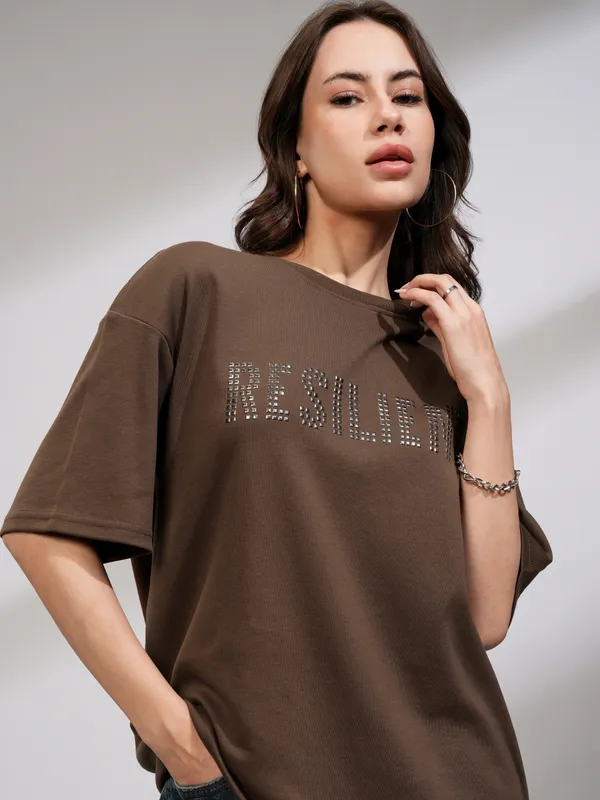 Tokyo Talkies Women Brown Embellished Round Neck Oversized Fit T-Shirt