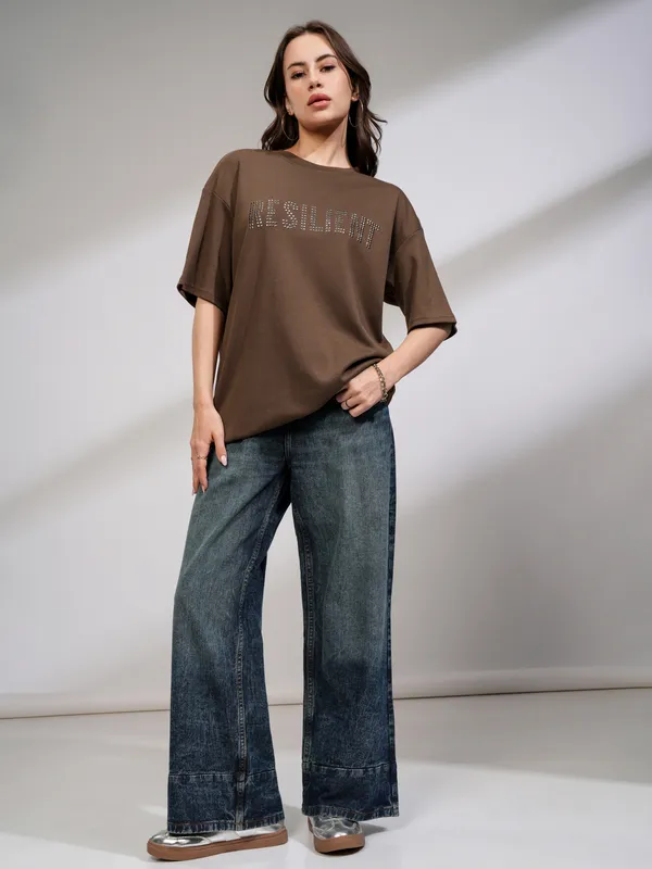 Tokyo Talkies Women Brown Embellished Round Neck Oversized Fit T-Shirt