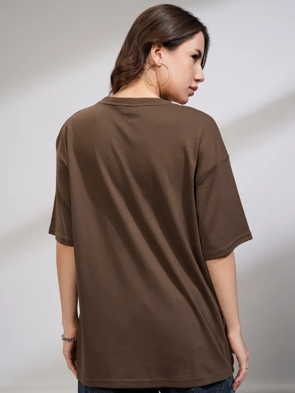 Tokyo Talkies Women Brown Embellished Round Neck Oversized Fit T-Shirt