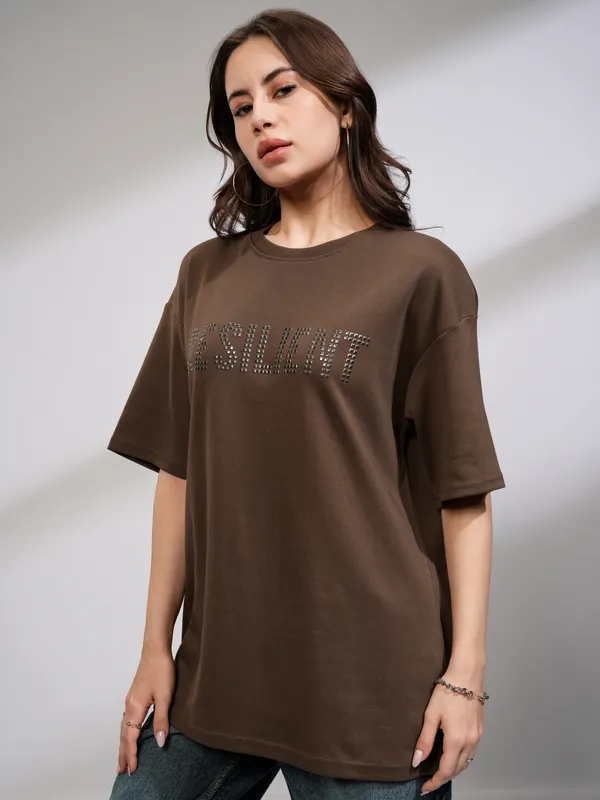 Tokyo Talkies Women Brown Embellished Round Neck Oversized Fit T-Shirt
