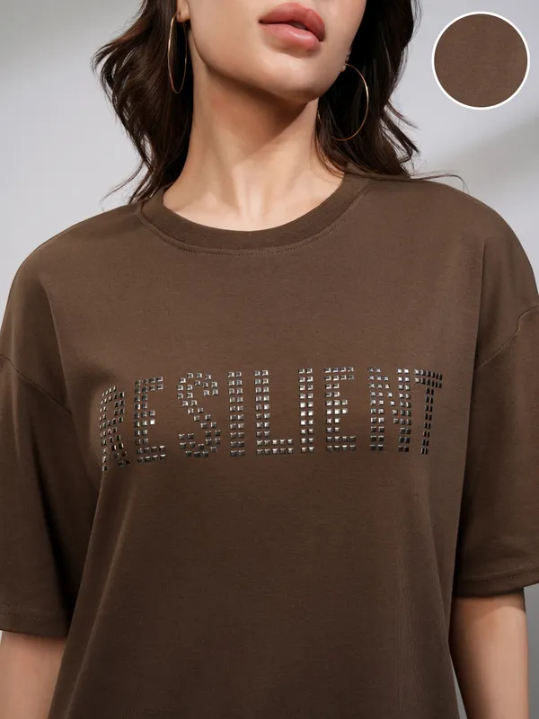 Tokyo Talkies Women Brown Embellished Round Neck Oversized Fit T-Shirt