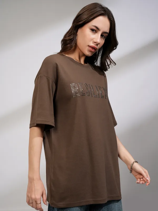 Tokyo Talkies Women Brown Embellished Round Neck Oversized Fit T-Shirt