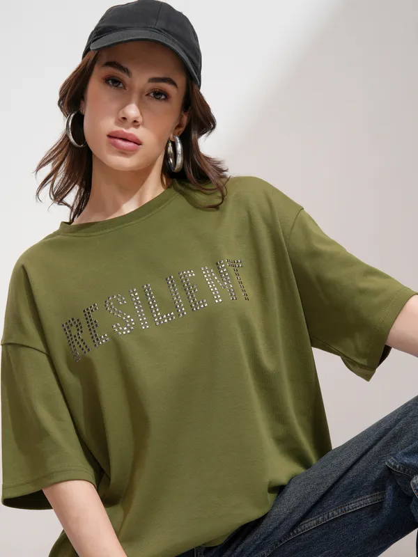 Tokyo Talkies Women Olive Embellished Round Neck Oversized Fit T-Shirt