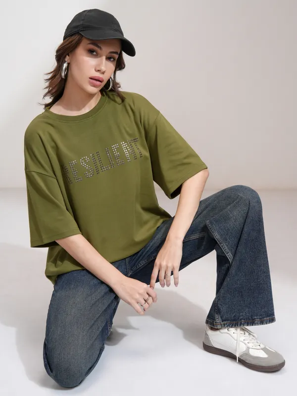 Tokyo Talkies Women Olive Embellished Round Neck Oversized Fit T-Shirt