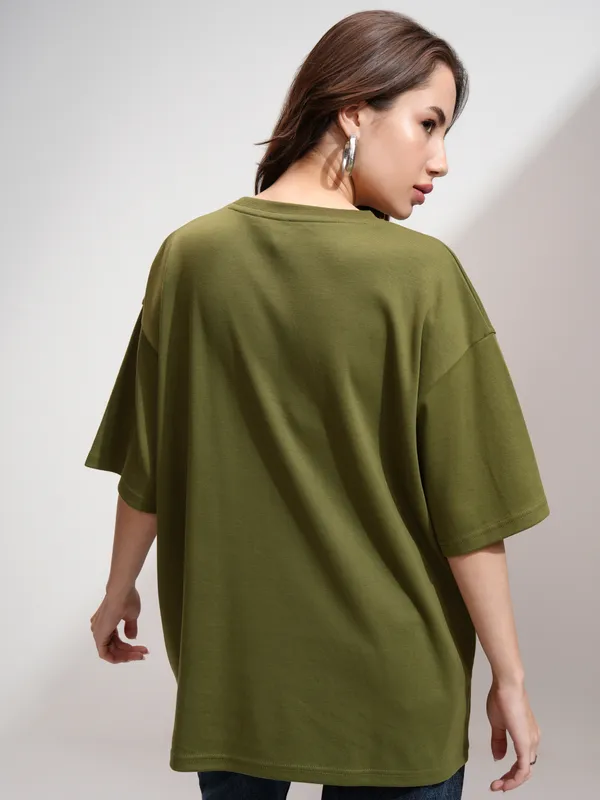 Tokyo Talkies Women Olive Embellished Round Neck Oversized Fit T-Shirt