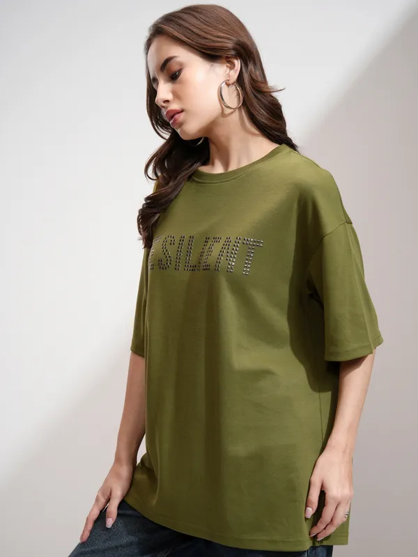 Tokyo Talkies Women Olive Embellished Round Neck Oversized Fit T-Shirt