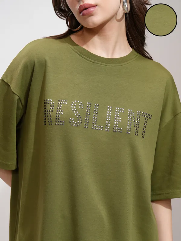 Tokyo Talkies Women Olive Embellished Round Neck Oversized Fit T-Shirt