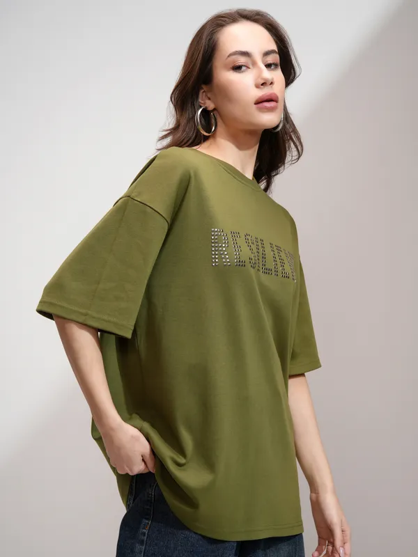 Tokyo Talkies Women Olive Embellished Round Neck Oversized Fit T-Shirt