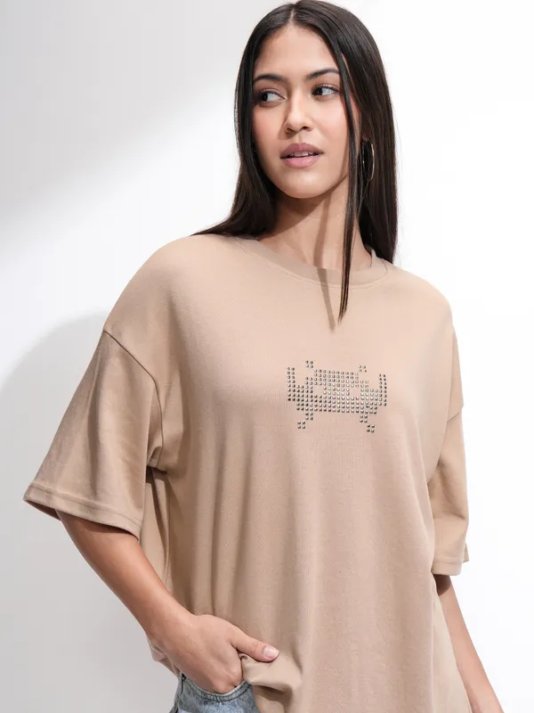 Tokyo Talkies Women Beige Embellished Round Neck Oversized Fit T-Shirt
