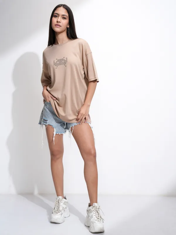 Tokyo Talkies Women Beige Embellished Round Neck Oversized Fit T-Shirt