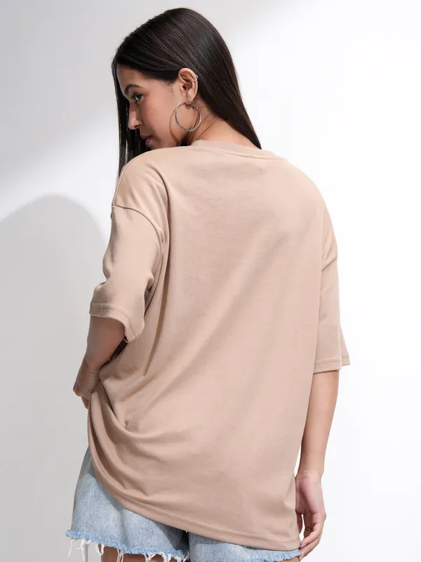 Tokyo Talkies Women Beige Embellished Round Neck Oversized Fit T-Shirt