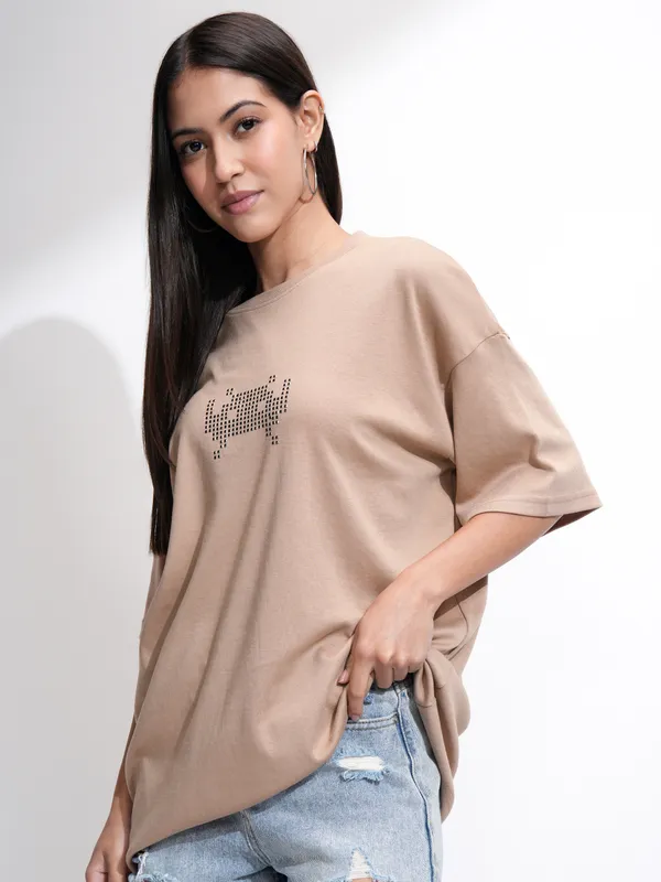 Tokyo Talkies Women Beige Embellished Round Neck Oversized Fit T-Shirt
