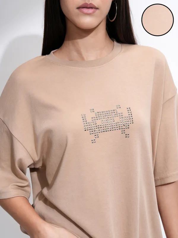 Tokyo Talkies Women Beige Embellished Round Neck Oversized Fit T-Shirt