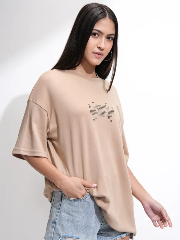 Tokyo Talkies Women Beige Embellished Round Neck Oversized Fit T-Shirt