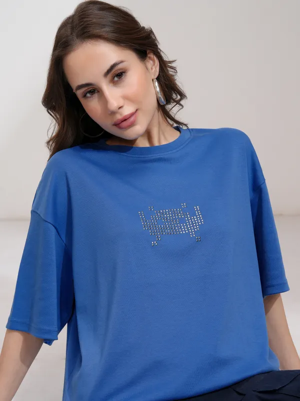 Tokyo Talkies Women Blue Embellished Round Neck Oversized Fit T-Shirt
