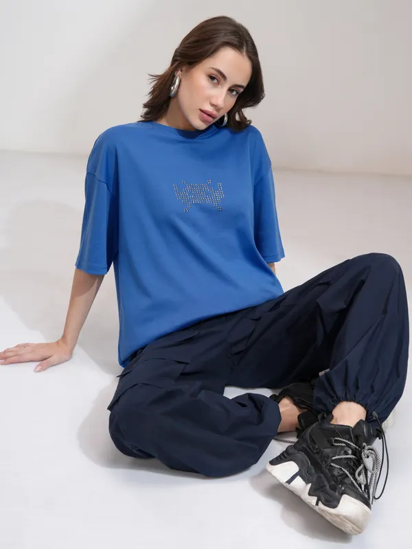 Tokyo Talkies Women Blue Embellished Round Neck Oversized Fit T-Shirt