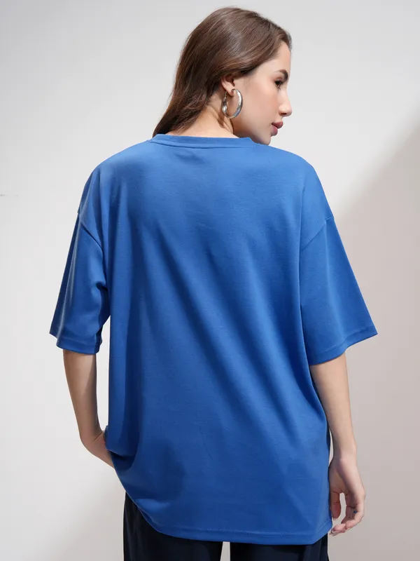 Tokyo Talkies Women Blue Embellished Round Neck Oversized Fit T-Shirt