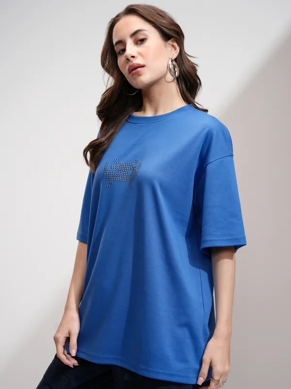 Tokyo Talkies Women Blue Embellished Round Neck Oversized Fit T-Shirt